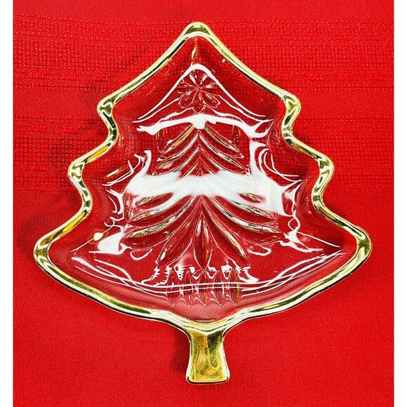 Vintage Mikasa Yuletide Crystal Dish Christmas Tree Shaped With Gold Trim Japan - Picture 2 of 8